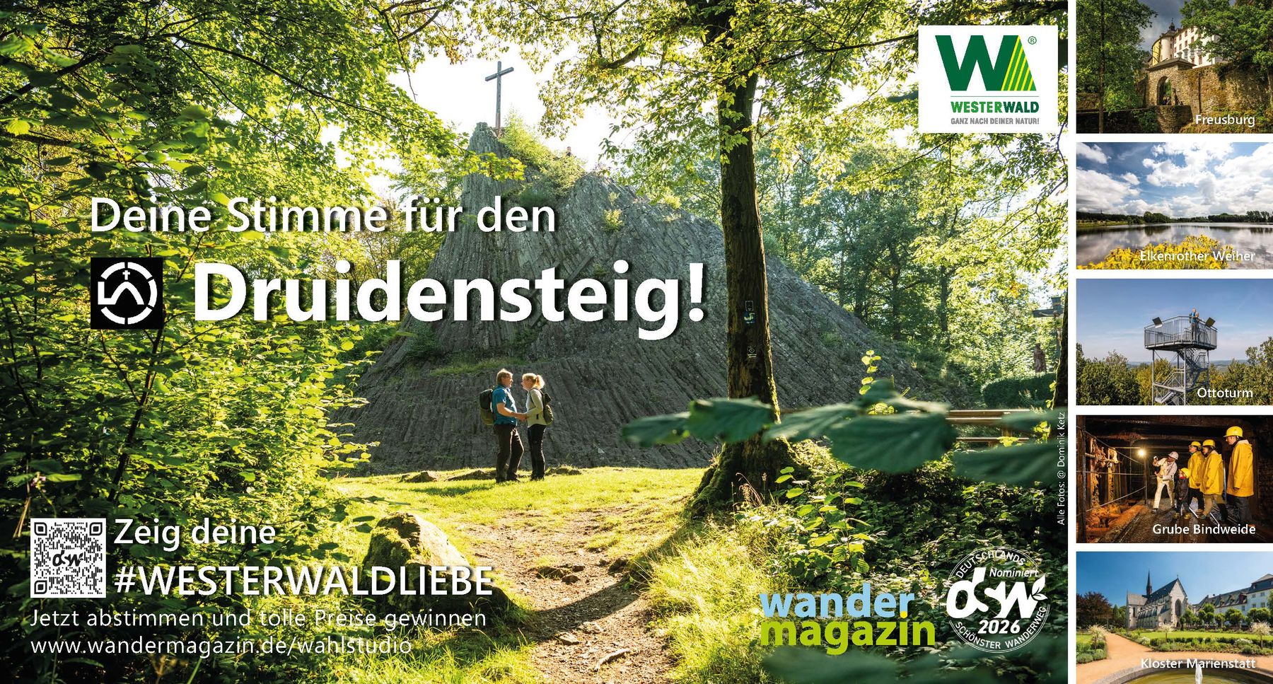 A couple stands on a sunlit forest path near a rocky hill with a large cross on top. Smaller images on the right show scenic views, a castle, a lake, and a mine. Text promotes voting for the Druidensteig trail.